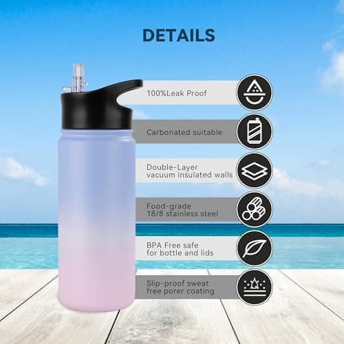 Edelstahl Trinkflasche - 1L - mit Strohhalm, BPA frei Thermosflasche,Vakuum Doppelwandisolierung für Sport,Schule und Fa