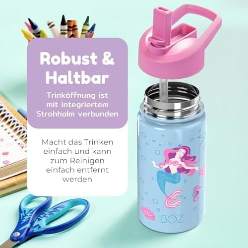 BOZ Isolierte Wasserflasche für Kinder | Edelstahl, doppelwandig, 414 ml | Praktisch und bequem mit Strohhalm-Deckel