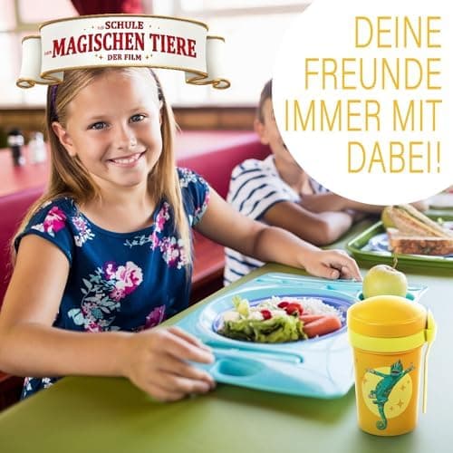 AWAVE Müslibecher To Go - Magische Tiere Schule 540 ml rPET Grün Henrietta, Joghurt-Früchte-Suppe Becher mit Löffel, Aus