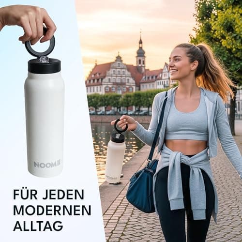 NooMii Edelstahl Trinkflasche – 800ml Wasserflasche mit magnetischem Deckel & Strohhalm - Ideal für Büro & Sport (Schwar