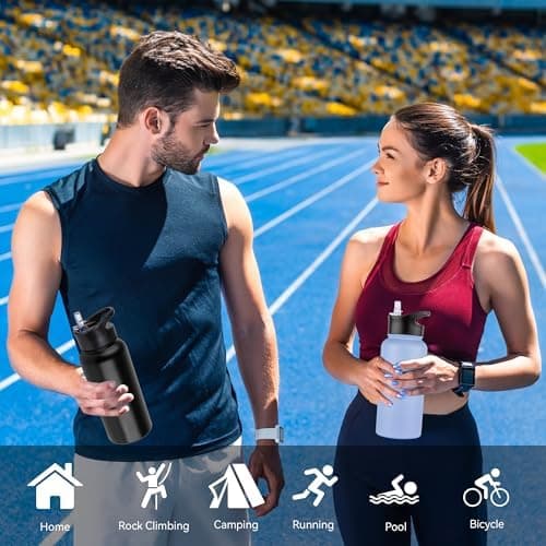 Edelstahl Trinkflasche - 1L - mit Strohhalm, BPA frei Thermosflasche,Vakuum Doppelwandisolierung für Sport,Schule und Fa