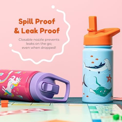 BOZ Isolierte Wasserflasche für Kinder | Edelstahl, doppelwandig, 414 ml | Praktisch und bequem mit Strohhalm-Deckel
