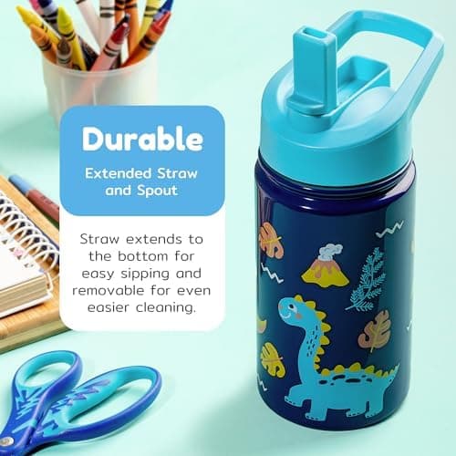 BOZ Isolierte Wasserflasche für Kinder | Edelstahl, doppelwandig, 414 ml | Praktisch und bequem mit Strohhalm-Deckel