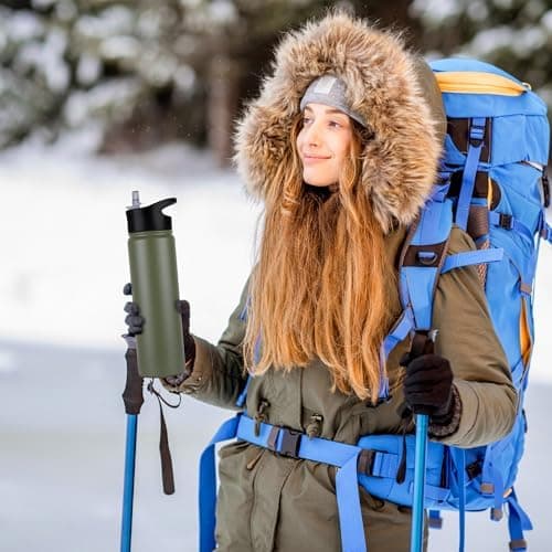 Edelstahl Trinkflasche - 1L - mit Strohhalm, BPA frei Thermosflasche,Vakuum Doppelwandisolierung für Sport,Schule und Fa