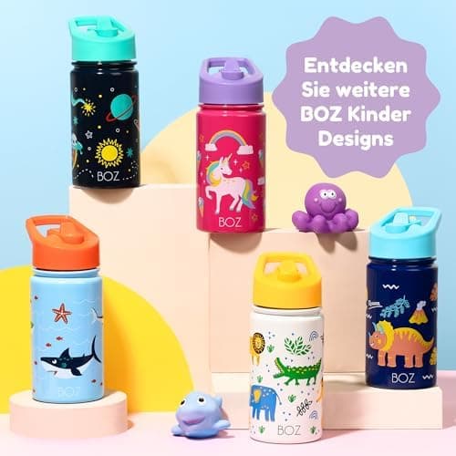 BOZ Isolierte Wasserflasche für Kinder | Edelstahl, doppelwandig, 414 ml | Praktisch und bequem mit Strohhalm-Deckel