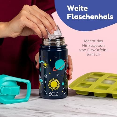 BOZ Isolierte Wasserflasche für Kinder | Edelstahl, doppelwandig, 414 ml | Praktisch und bequem mit Strohhalm-Deckel
