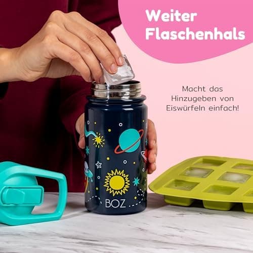 BOZ Isolierte Wasserflasche für Kinder | Edelstahl, doppelwandig, 414 ml | Praktisch und bequem mit Strohhalm-Deckel