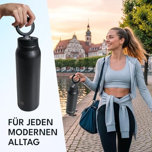 NooMii Edelstahl Trinkflasche – 800ml Wasserflasche mit magnetischem Deckel & Strohhalm - Ideal für Büro & Sport (Schwar