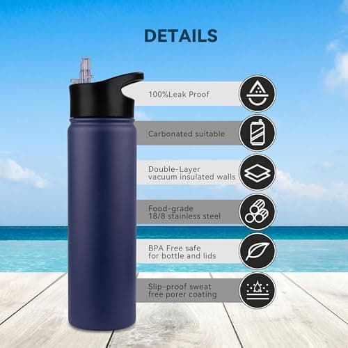 Edelstahl Trinkflasche - 1L - mit Strohhalm, BPA frei Thermosflasche,Vakuum Doppelwandisolierung für Sport,Schule und Fa