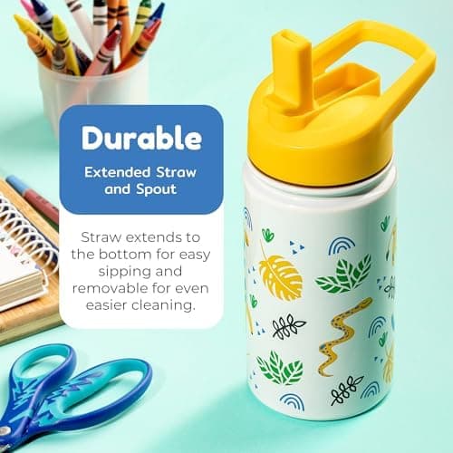 BOZ Isolierte Wasserflasche für Kinder | Edelstahl, doppelwandig, 414 ml | Praktisch und bequem mit Strohhalm-Deckel