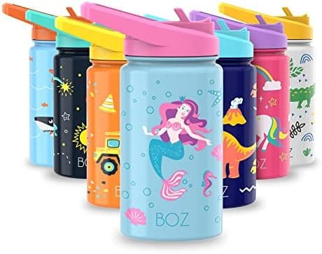 BOZ Isolierte Wasserflasche für Kinder | Edelstahl, doppelwandig, 414 ml | Praktisch und bequem mit Strohhalm-Deckel