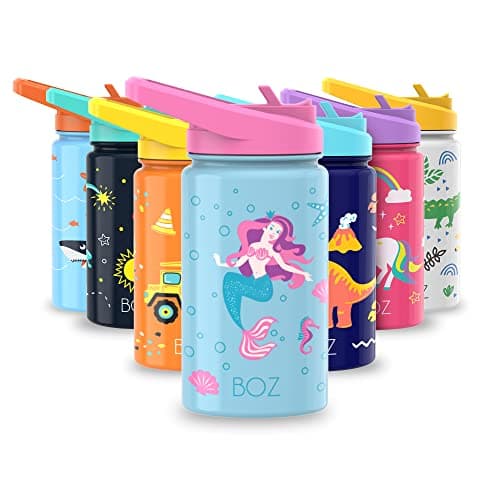 BOZ Isolierte Wasserflasche für Kinder | Edelstahl, doppelwandig, 414 ml | Praktisch und bequem mit Strohhalm-Deckel