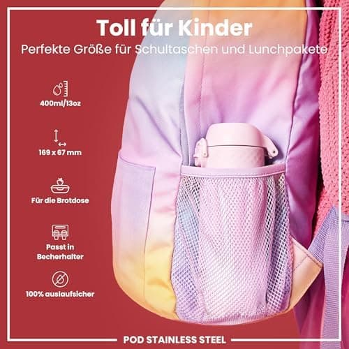 ion8 Kinder Trinkflasche Edelstahl 400ml Nicht Isoliert Sichere Verriegelung Spülmaschinenfest Klappdeckel Leicht zu Rei