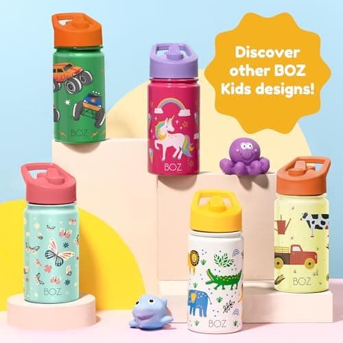 BOZ Isolierte Wasserflasche für Kinder | Edelstahl, doppelwandig, 414 ml | Praktisch und bequem mit Strohhalm-Deckel