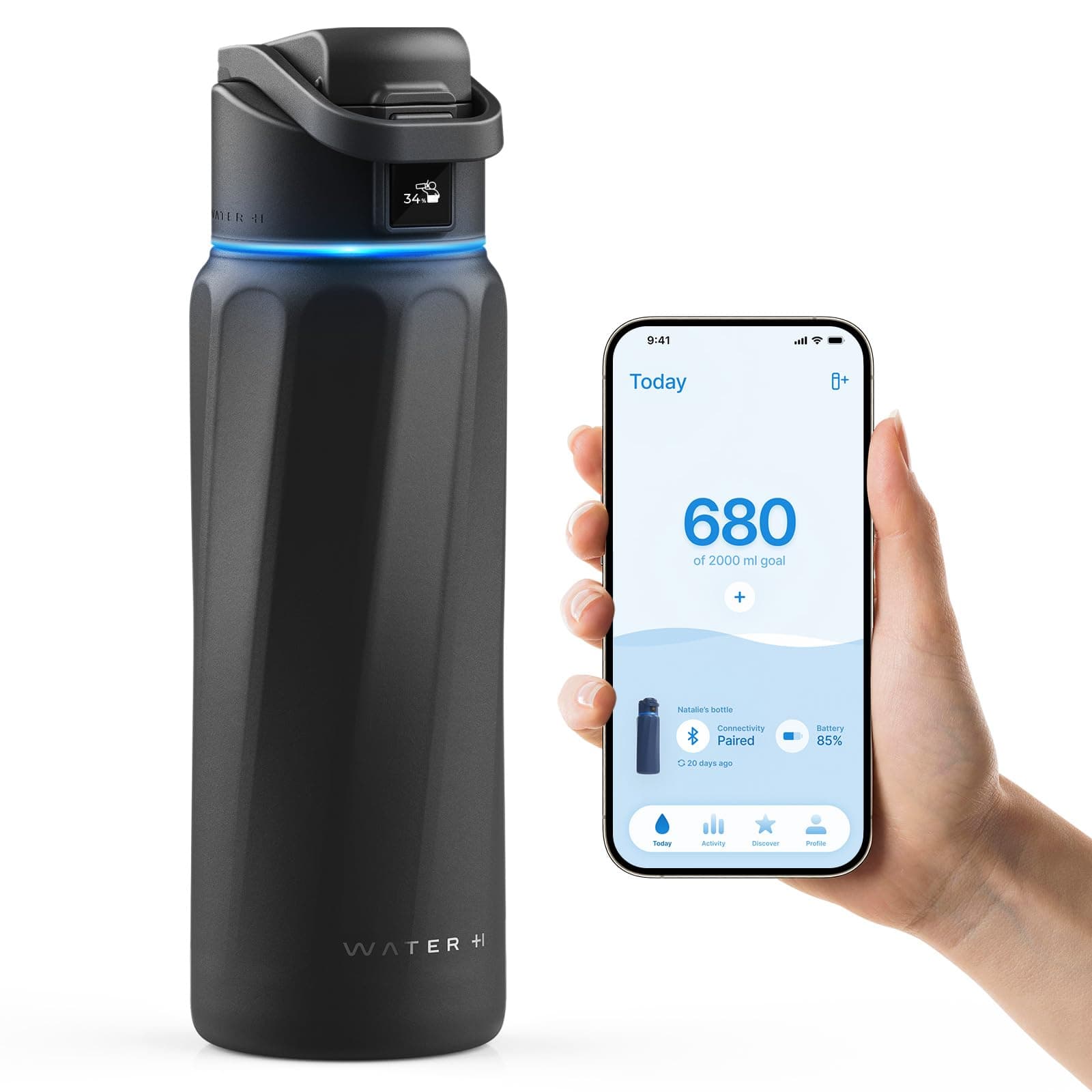 WATERH Boost Smart-Wasserflasche für Geschenke - mit Erinnerungsfunktion & Wasserspender, Edelstahl, 907 ml, Hochglanzsc