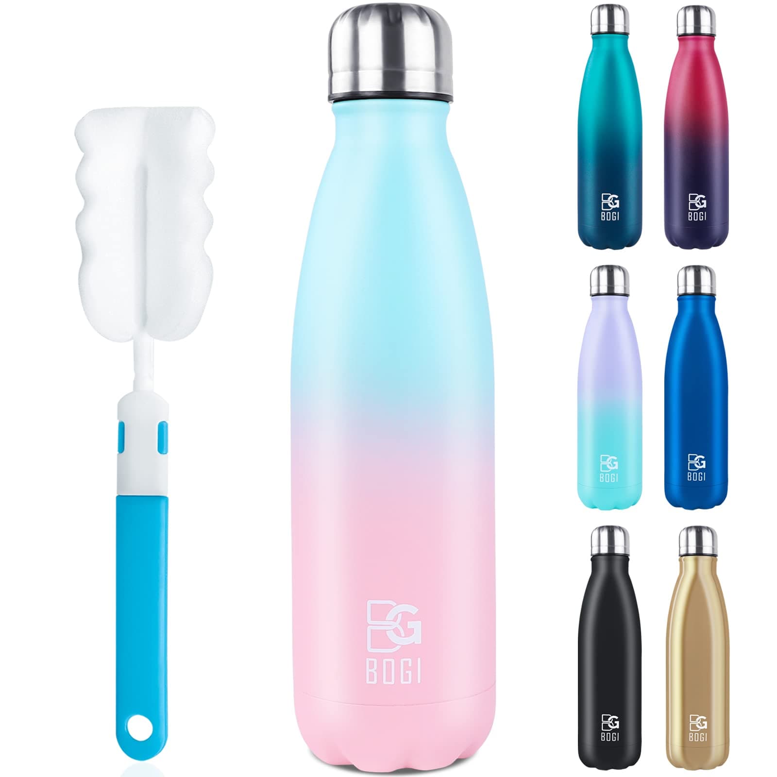 BOGI Doppelwandige Thermosflasche Edelstahl Trinkflasche Kinder Trinkflasche Schule Himmelblau Pink