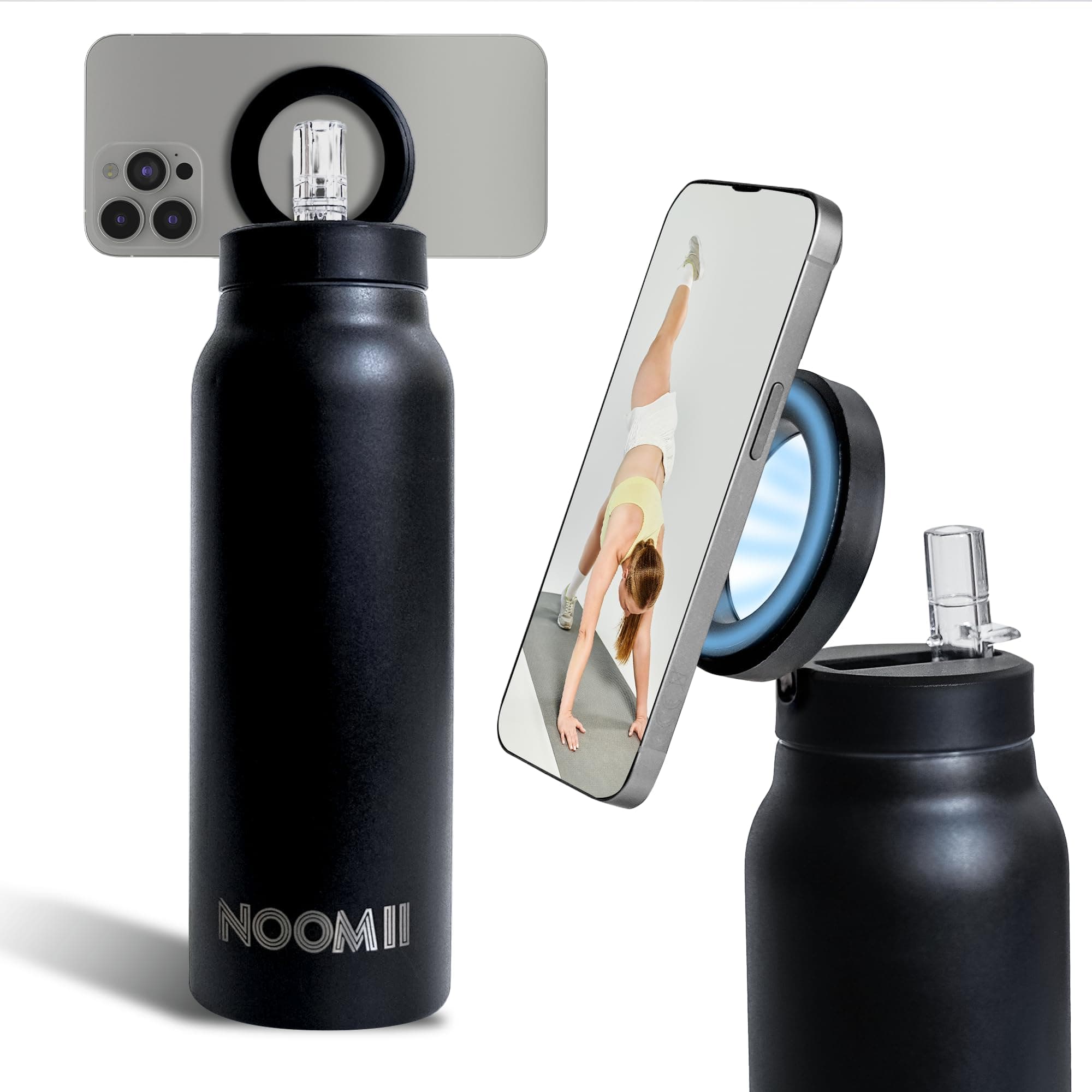 NooMii Edelstahl Trinkflasche – 800ml Wasserflasche mit magnetischem Deckel & Strohhalm - Ideal für Büro & Sport (Schwar
