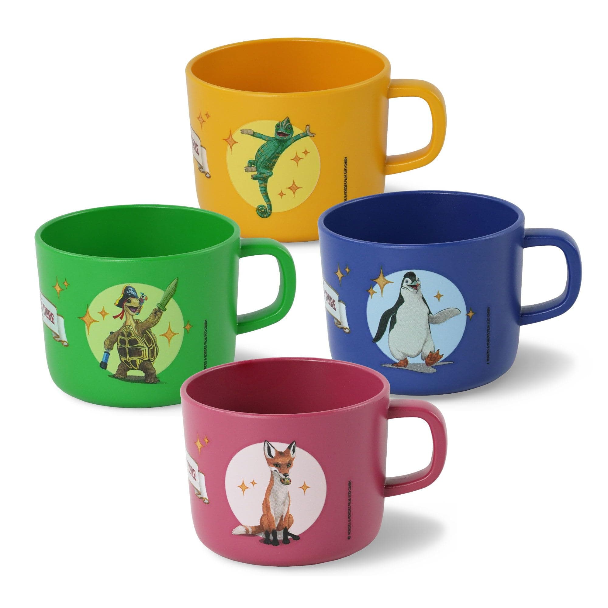 AWAVE Kinder Tasse Set | 4-teilig | 250 ml rPET Henkelbecher | Fuchs Rabbat Pinguin Juri Schildkröte Henrietta Chamäleon