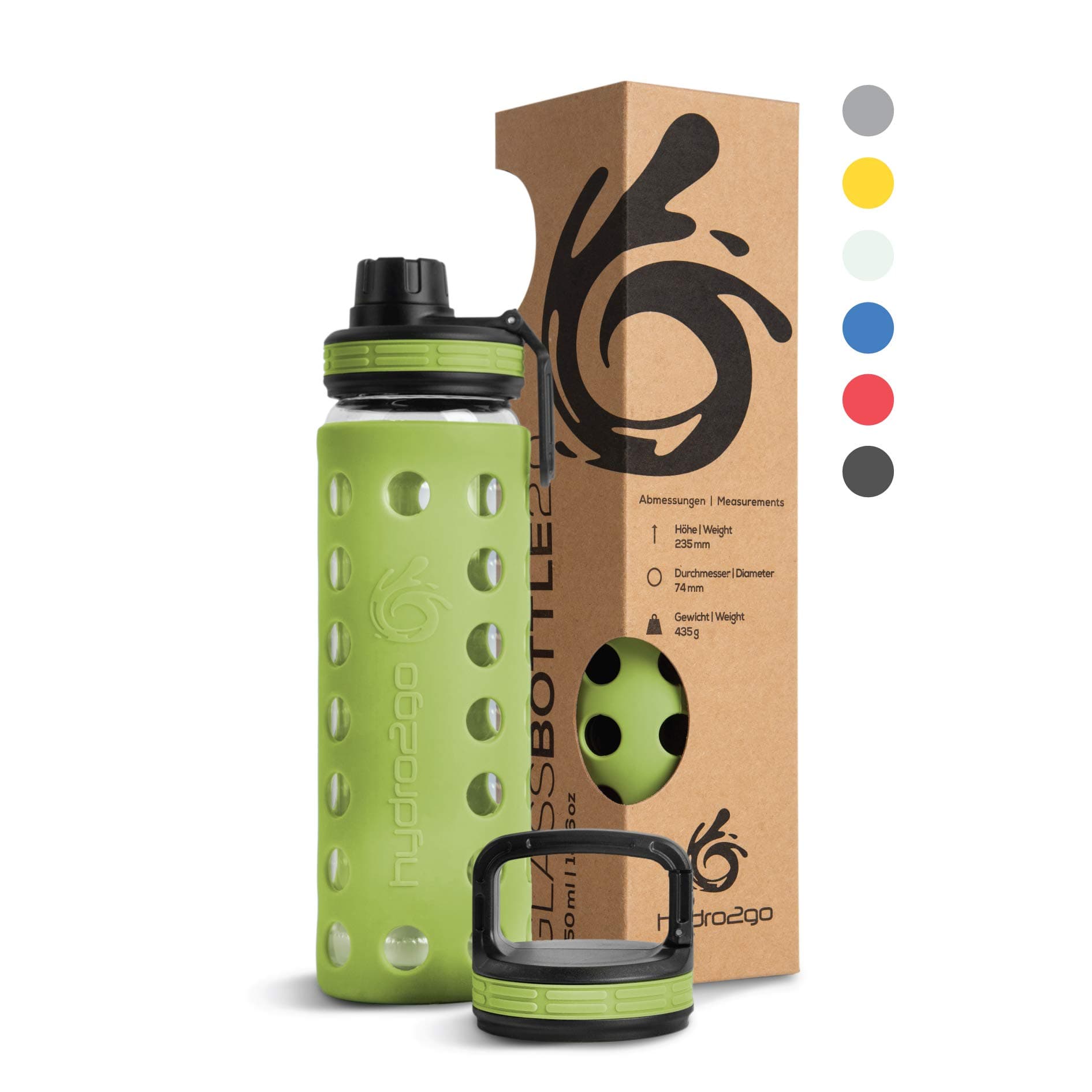 Hydro2go Glas-Trinkflasche mit Silikonhülle – Spülmaschinenfest, 100% Auslaufsicher & BPA-frei – Ideal für Kinder & Fami