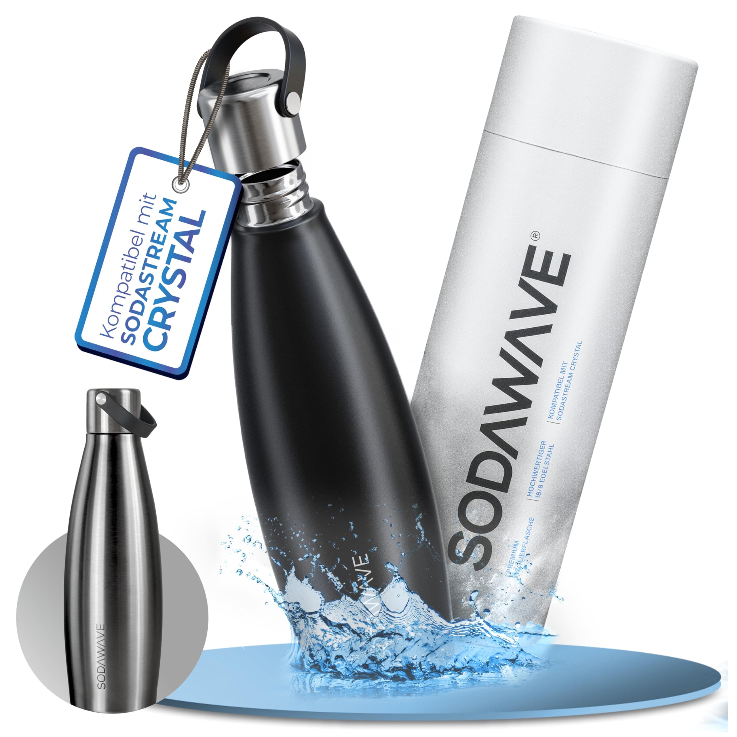 SODAWAVE® Trinkflasche Edelstahl extra groß [850ml] für SodaStream Crystal I 100% auslaufsichere Trinkflasche ideal für