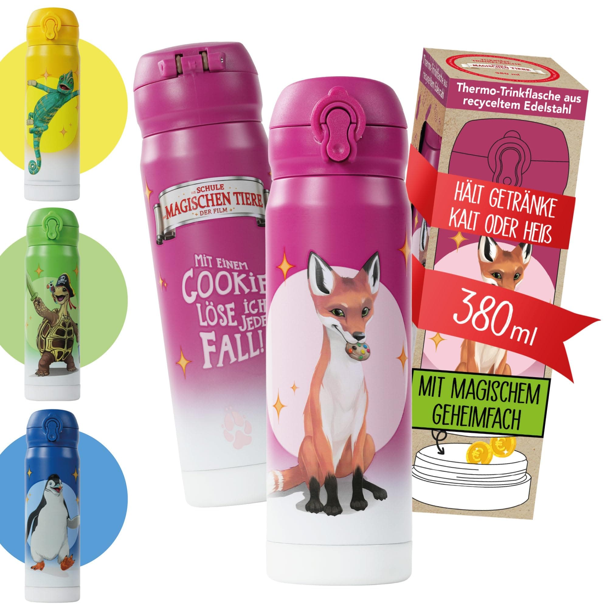 AWAVE Schule der Magischen Tiere Edelstahl Trinkflasche für Kinder 380 ml Beerenrot Suitable for Beverages Auslaufsicher