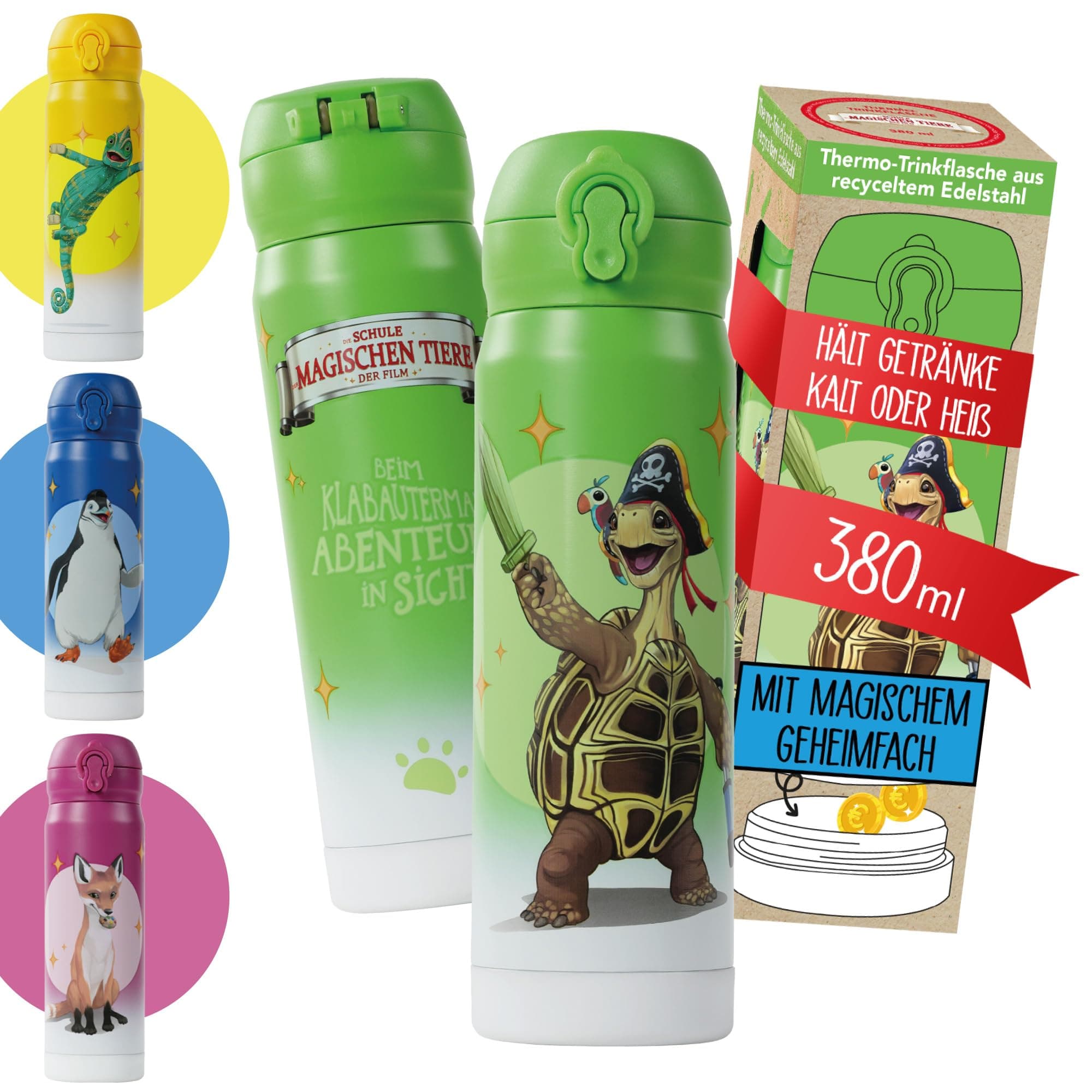 AWAVE Die Schule der Magischen Tiere Edelstahl Trinkflasche Kinder Grün für Schule und Kindergarten 380 ml Kohlensäure g