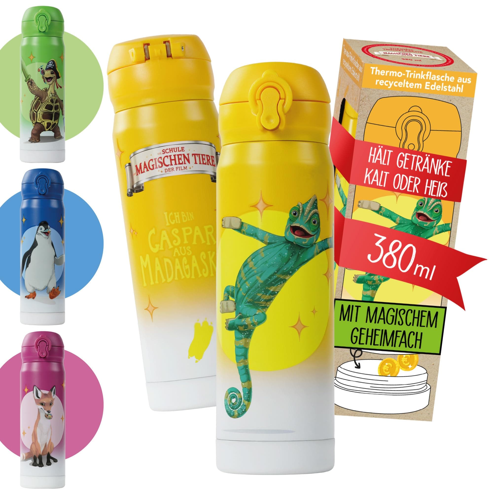 AWAVE Magische Tiere Trinkflasche Kinder Edelstahl Gelb 380 ml Kohlensäure geeignet Auslaufsicher Thermosflasche, ideal