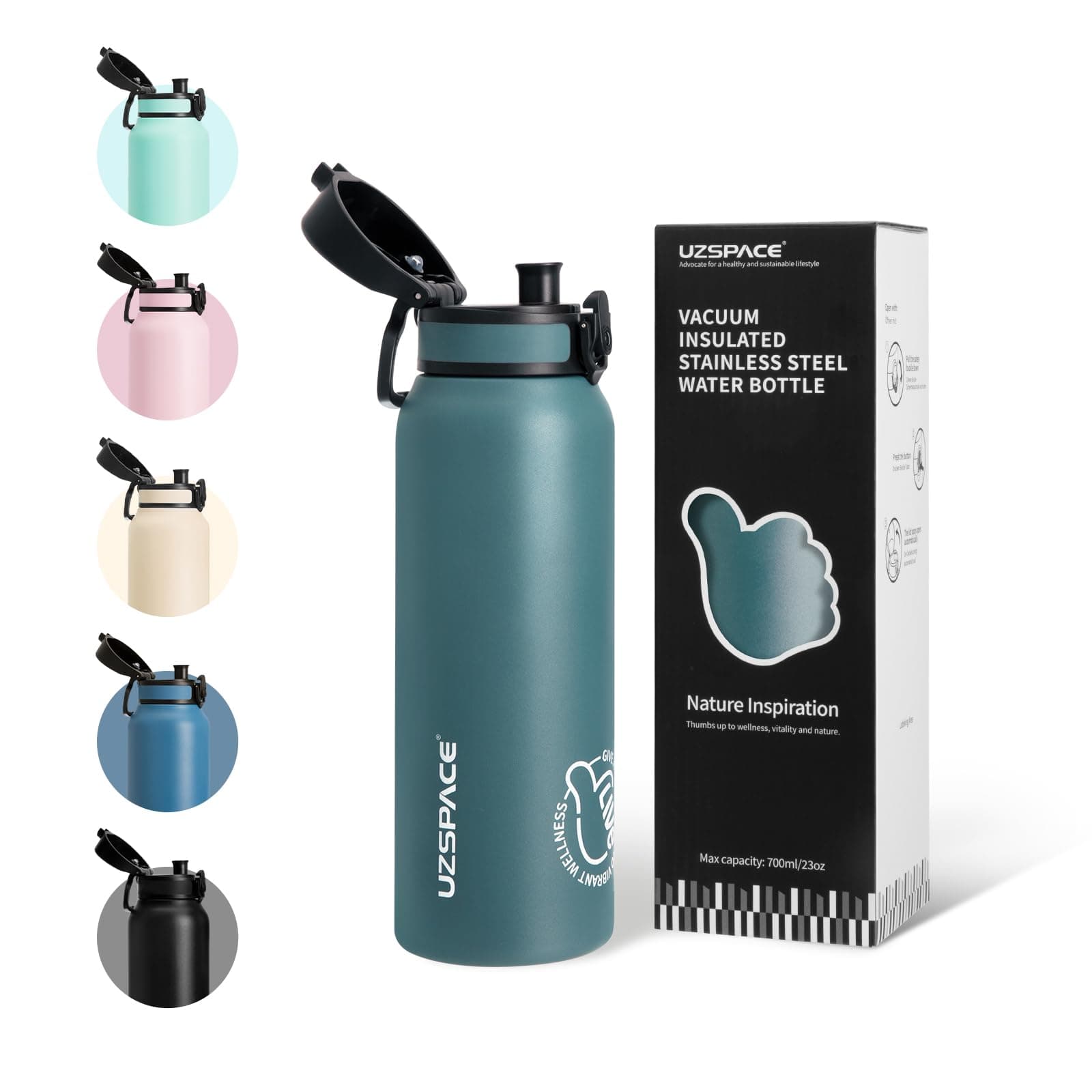 Thermosflasche UZSPACE Waldgrün Kinder 700ml Isolierte Edelstahl Trinkflasche 100% Auslaufsicher Outdoor Fitness Schule