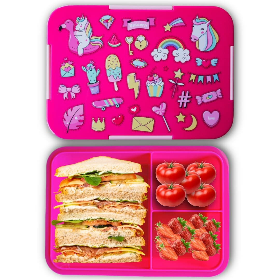 Magische Traumwelt Rosa Kinder Brotdose – Bento Lunchbox mit 3 Fächern – BPA-frei & Mikrowellen- & Spülmaschinengeeignet
