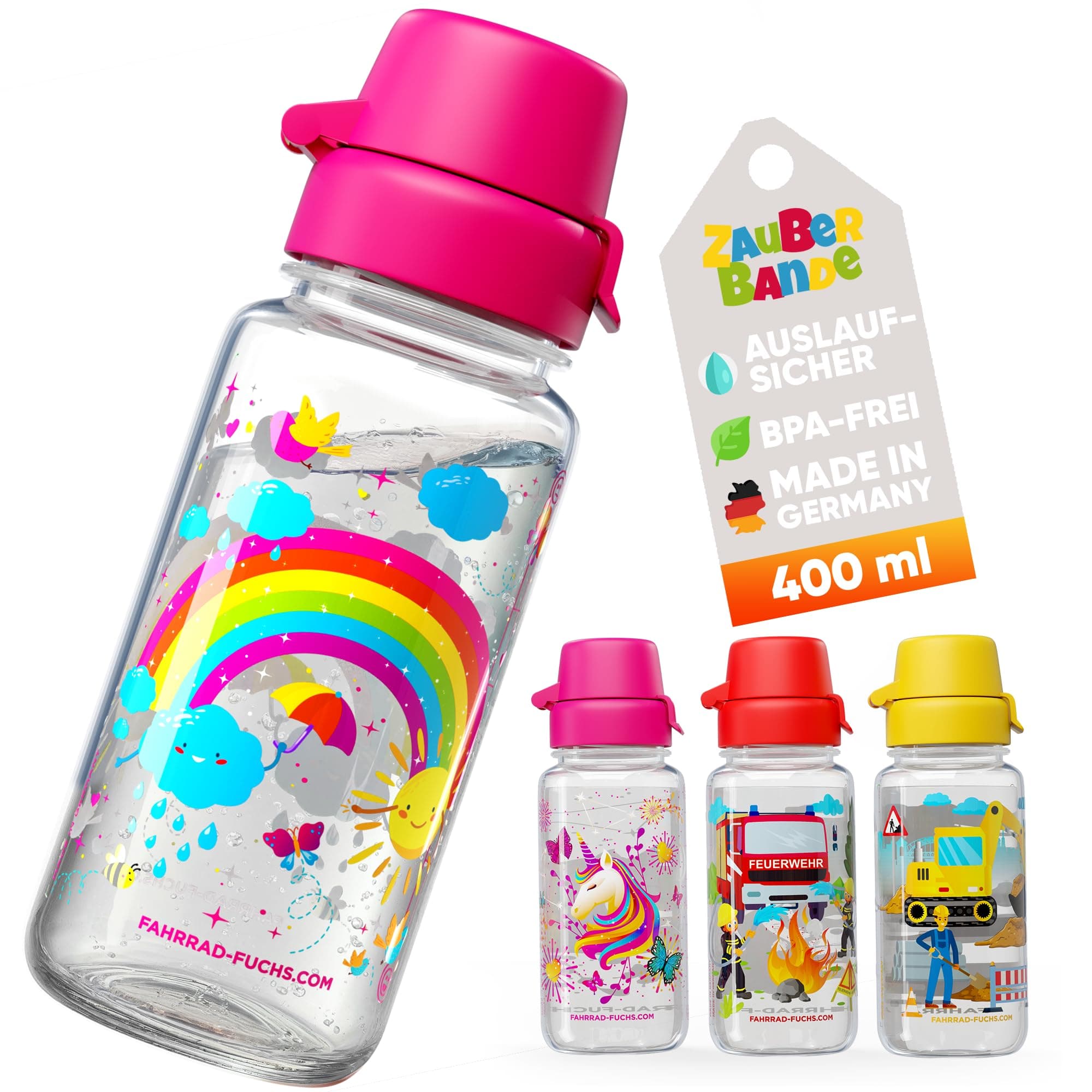 Trinkflasche Kinder auslaufsicher Regenbogen 400 ml Kohlensäure geeignet BPA-frei Tritan spülmaschinenfest Easy-Clean Ma